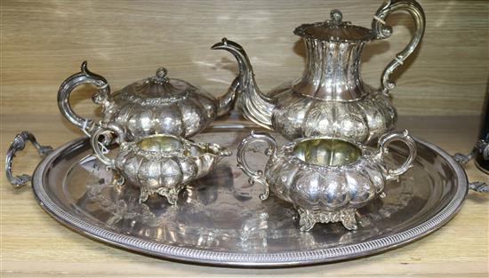 A Victorian four piece plated teaset and tray